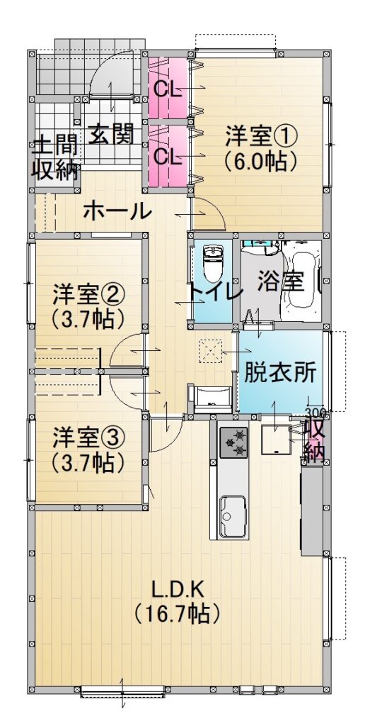 リビングは勾配天井＊無駄な空間をなくした間取り