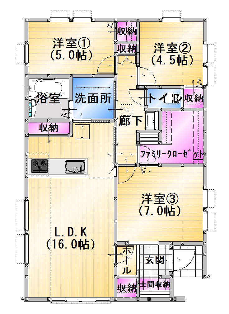 リビングは勾配天井*無駄な空間をなくした間取り