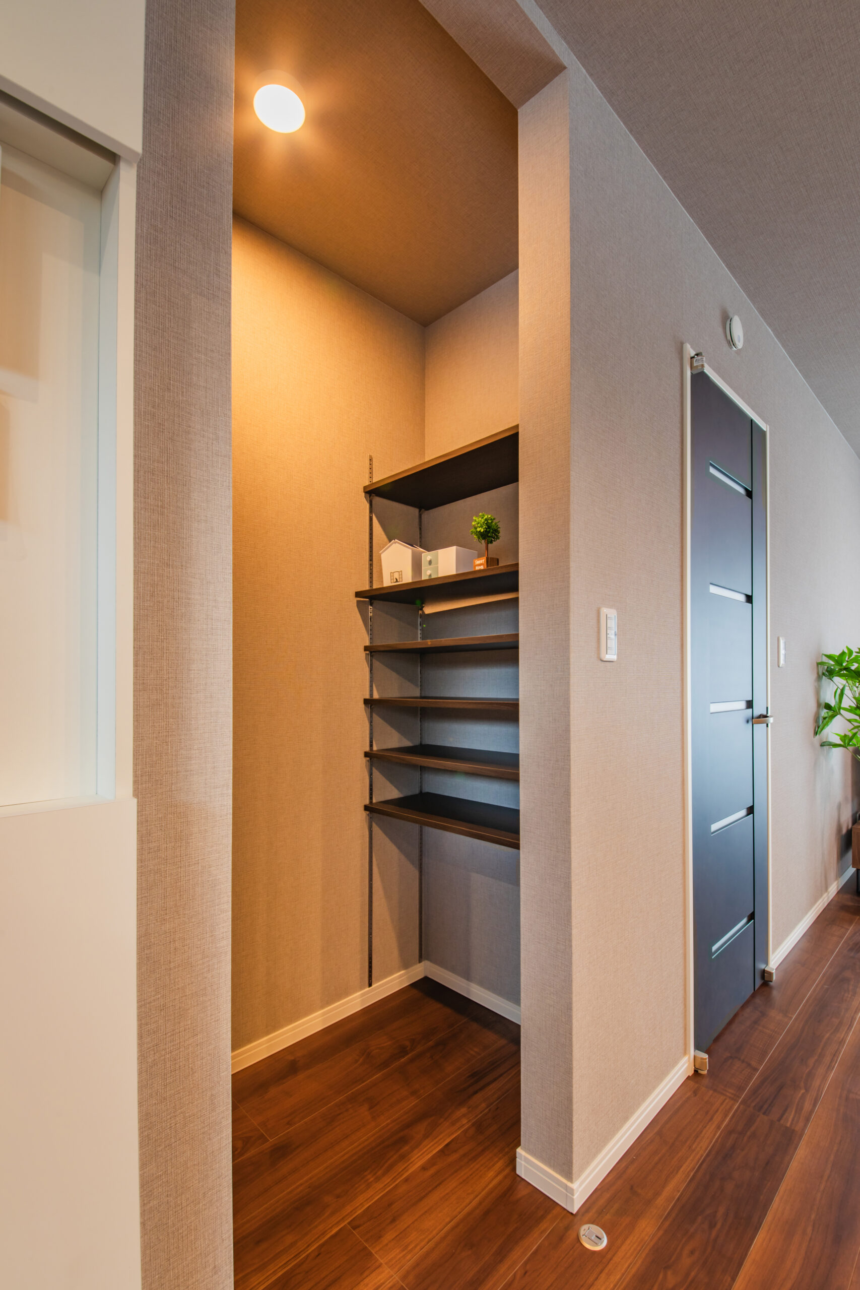 磐田市の平屋注文住宅|ダウンライトが映える、見せて仕舞えるオープンニッチ収納
