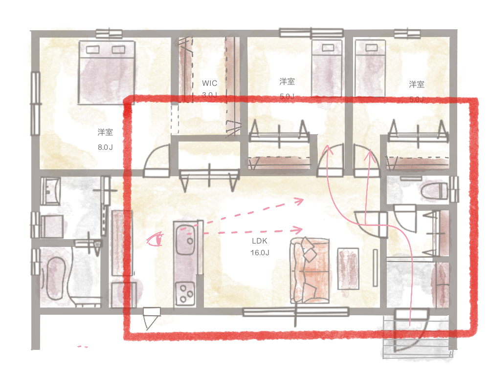 キッチンからリビングと子ども部屋を見渡せる間取りの手書きイラスト